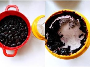 2.	取200g桑葚加加糖腌制半个小时，2.加剩余40克牛奶用料理机打成桑葚果泥