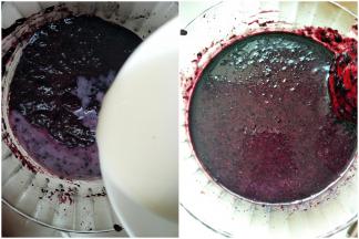 3.	吉利丁片牛奶溶液倒入桑葚果泥搅拌均匀