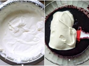 4.	1.淡奶油加糖打发至有明显的花纹即可。2.将淡奶油和桑葚溶液混合，用刮刀翻拌均匀。即成芒果慕斯液。（留一勺原味淡奶油）