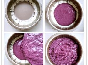 5.	1.阳晨六寸提拉米苏模具。先在模具一圈边上用勺子倒上淡奶油。2.倒入桑葚慕斯溶液轻轻晃动平整，3.继续倒入剩下的慕斯液。4.模具基本9分满。放冰箱冷冻40分钟。