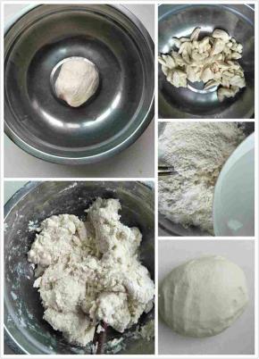 剩面切成小块，加面粉，少量加开水搅拌成大块，用手揉成光滑的面团。