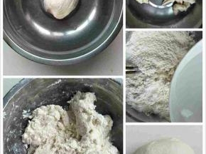 剩面切成小块，加面粉，少量加开水搅拌成大块，用手揉成光滑的面团。