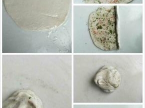 分成自己需要的大小，我分了六份，取一份擀开表面抹油，上面撒上适量盐，葱花，香豆面，红花，从上往下卷起，按扁，