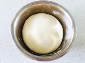 然后将面团放到盆子里，表面粘点水，保鲜膜封住发酵至大约两倍大