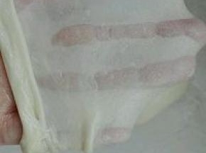 2. 将烫种同主面团除了黄油外全部混合揉至可以拉出大片厚膜，加入软化黄油，继续揉至扩展状态，如图所示