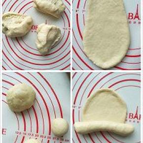 做法:除黄油外依次放入面包桶，开启面包机和面功能，15分钟后加入黄油，继续和面15分钟。放到温暖处发到两倍大即可。
面团按扁分成两份，取一块面团分成三份揉圆。
取一块面团擀长备用，再取一块，揪出两团做帽子和鼻子。
