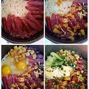 先大火煮五分钟，再转小火焖煮十分钟。等大米表面开始没有米汤了，这个时候水分还没有收干，停火，用砂锅本身的热量焖饭。
打开锅盖，放姜丝，码上 香肠片和萝卜干，找一块地儿打个鸡蛋，盖上锅盖。继续开小火慢慢焖十分钟，然后关火。