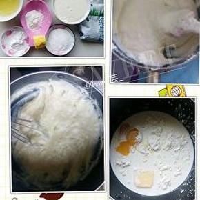 下面做卡仕达酱。将牛奶、细砂糖、蛋黄、低筋面粉、玉米淀粉、黄油一并放入奶锅中，低温搅拌（一定要低温不停搅拌，以免糊底或者起疙瘩）然后离火放凉。