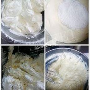 开始打发淡奶油：淡奶油直接加入糖粉打发，打硬了也没关系。
（一定要在卡仕达酱已经常温的情况下再与奶油搅拌，以免烫融奶油）两者混合搅拌成细腻的卡仕达奶油酱）
