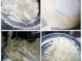 开始打发淡奶油：淡奶油直接加入糖粉打发，打硬了也没关系。
（一定要在卡仕达酱已经常温的情况下再与奶油搅拌，以免烫融奶油）两者混合搅拌成细腻的卡仕达奶油酱）