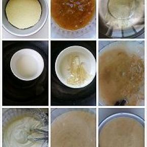 做法，芒果和15克牛奶打成泥，鱼胶片泡
软，牛奶60克加糖隔水融化，加芒果泥和鱼胶片搅拌好，淡奶油打发7.8分加入搅拌好的芒果泥就成了慕斯糊，模具放入烤好的海绵蛋糕片，倒入慕斯糊震一下放冰箱冷藏三小时，镜面用了试用的金字塔的芒果粒果馅，直接倒上就行，非常好用的果馅。在放冰箱冷藏一个小时拿出来开吃。