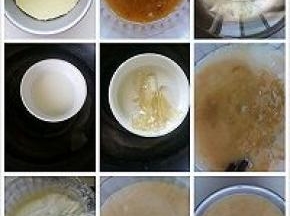 做法，芒果和15克牛奶打成泥，鱼胶片泡
软，牛奶60克加糖隔水融化，加芒果泥和鱼胶片搅拌好，淡奶油打发7.8分加入搅拌好的芒果泥就成了慕斯糊，模具放入烤好的海绵蛋糕片，倒入慕斯糊震一下放冰箱冷藏三小时，镜面用了试用的金字塔的芒果粒果馅，直接倒上就行，非常好用的果馅。在放冰箱冷藏一个小时拿出来开吃。