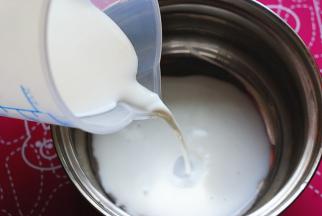 准备好的200m鲜l牛奶，倒入干净的小锅中，烧至微沸