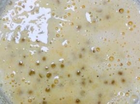 把西米和芒果牛奶浆混合，倒入玻璃碗