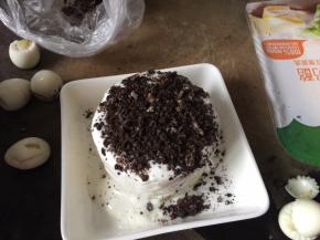 将压碎的奥利奥饼干撒入勺有酸奶的土豆泥上