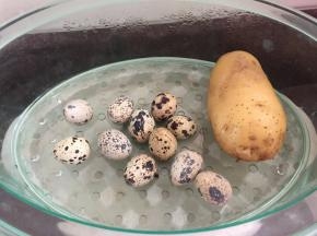 将土豆洗净和鹧鸪蛋放入蒸炉蒸熟