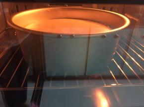 将切拌好的蛋糕糊距模具20cm处倒入，再举高具桌面10cm处震泡两次，烤箱预热后放入烤箱中下层175摄氏度上下火热旋风烤40分钟