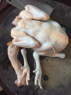 将整鸡洗净后暂去头和脚