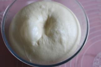 基础发酵（室温27度，55分钟）两倍半大，手指沾面粉戳孔不回缩不反弹，结束发酵。