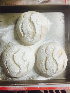 取出发好的面包，筛上一些高筋面粉。用割刀在面包表面割出你喜欢的图案