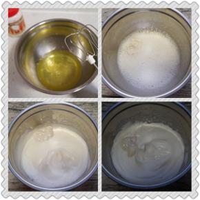 蛋清中加入柠檬汁，分三次加入fluff液体棉花糖打发到干性发泡（固体棉花糖不可以这样操作）