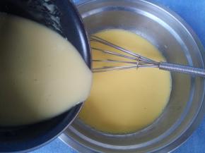 加入晾凉的烫面糊，边倒边搅。