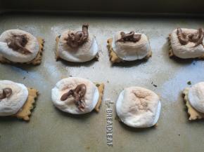 德芙巧克力掰碎放裱花袋，或巧克力和淡奶油1:1加入裱花袋，隔热水融化，剪小口挤在棉花糖上。