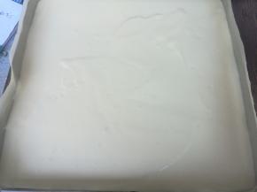 取出，把蛋糊倒入烤盘，用刮板刮平表面，轻震两下震出大气泡。