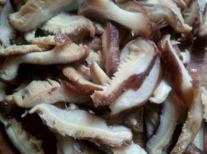 两个小时后，把要做煲仔饭的砂锅内抹油，大米洗干净后，放入砂锅用煮饭的水泡着，我这气温低，泡了两个小时
泡好的香菇切长条