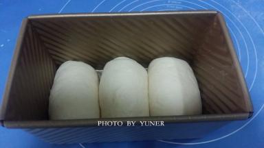 放入吐司模中，盖上保鲜膜，进行二次发酵。