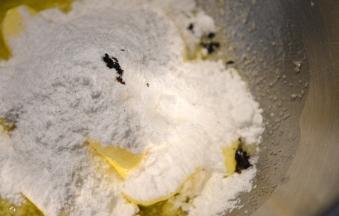 软化好的黄油中加入糖粉，香草籽，盐。稍作混合