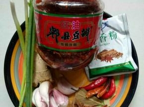 准备好食材:郫县豆瓣酱1茶匙半，五香粉1茶匙，花椒20粒左右，葱2根，红辣椒4个，八角1个，香叶3片，桂皮1块，姜1块