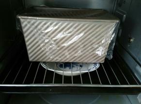 盖上保鲜膜进行发酵，烤箱内放一碗热水。50分钟左右