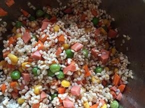 泡好的糯米与青豆玉米火腿丁胡萝卜丁混合，加入生抽、老抽、盐、糖拌匀腌制半小时以上