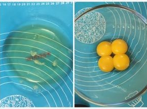 2. 分开蛋黄和蛋白，盛放在两个搅拌盆中