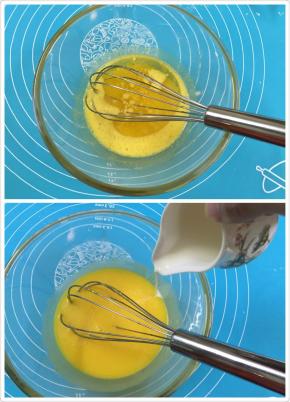 4. 依次加入玉米油，和牛奶，每当加入一种原料后都要混合搅拌均匀