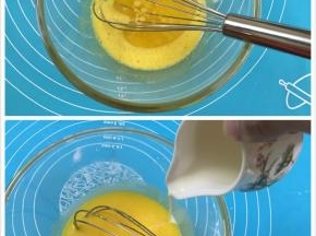 4. 依次加入玉米油，和牛奶，每当加入一种原料后都要混合搅拌均匀