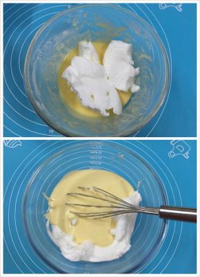 13. 将1/2的蛋白霜倒入蛋黄糊中，用手动打蛋器从盆底由下向上快速翻拌（不习惯用手动打蛋器的朋友请用硅胶刀