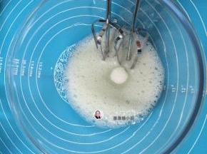 5. 蛋白中加入几滴柠檬汁或白醋，打发至鱼泡眼加入三分之一的细砂糖

蛋白打至细腻加入第二次细砂糖，继续打发