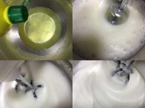 蛋清内滴入柠檬汁，电动打蛋器低速打发至有粗泡，加入1/3的细砂糖，中高速打发至泡沫细腻，再加入1/3的细砂糖，继续打发至纹路清晰，倒入剩下的细砂糖