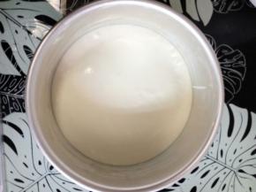 倒入一小部分的慕斯糊，稍微盖住蛋糕片即可。