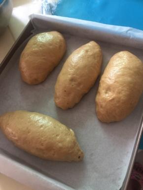 4个面团卷好后放入烤箱，摆一杯开水在面团旁边开启发酵程序至发酵2倍大
