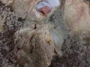 锅里倒入适量的水、料酒、姜和大骨焯水，去除血水