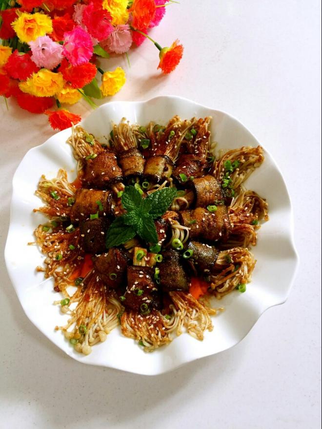 香辣茄子金针菇卷