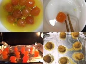 烤咸鸭蛋黄：生蛋黄用花生油浸泡2小时，在高度白酒里滚一圈，放入铺了锡纸的烤盘里，烤箱提前预热180度，热风循环火，烤10分钟，取出备用