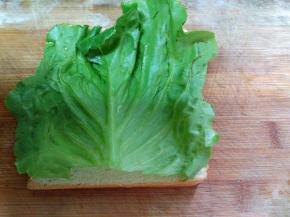 把面包片放在最下面，面包片上放生菜。（生菜是去根留叶）