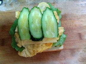 芝士片上放黄瓜片。如果喜欢吃酱料的，可以放一点辣椒僵。然后放上面包片。