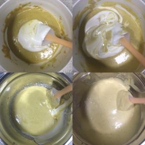 取1/3的蛋白霜到蛋黄奶酪糊中，刮刀翻拌均匀，再加入1/3的蛋白霜，继续翻拌均匀，最后把翻拌均匀的蛋糕糊倒入剩余的蛋白霜容器内，翻拌均匀