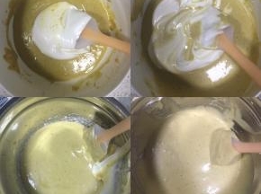 取1/3的蛋白霜到蛋黄奶酪糊中，刮刀翻拌均匀，再加入1/3的蛋白霜，继续翻拌均匀，最后把翻拌均匀的蛋糕糊倒入剩余的蛋白霜容器内，翻拌均匀