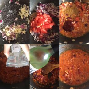 披萨酱的做法：洋葱和大蒜切末，锅内加黄油，融化后，倒入大蒜和洋葱末翻炒，接着加入去皮切丁的番茄继续翻炒，炒软以后，加入番茄酱翻炒均匀，然后加入披萨草、罗勒、黑胡椒碎，适量盐翻炒，接着倒入白葡萄酒，翻炒均匀后，倒入一点点清水，大火烧开小火收汁即可